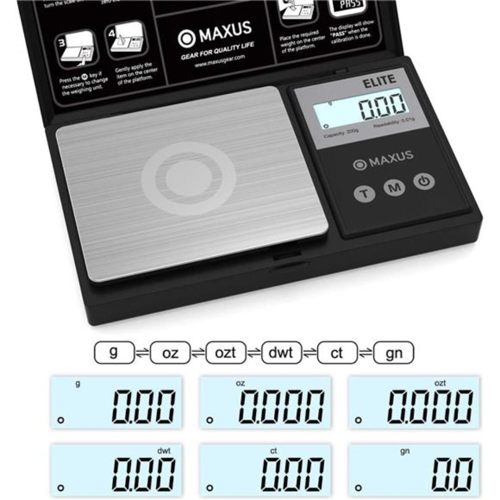 MAXUS Precision Pocket Scale 200g x 0.01g,Backlit LCD, Stainless Steel - Picture 2 of 6
